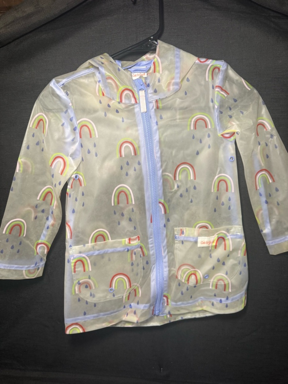 Cat & Jack Clear Raincoat with Rainbow Print and Light Blue Trim